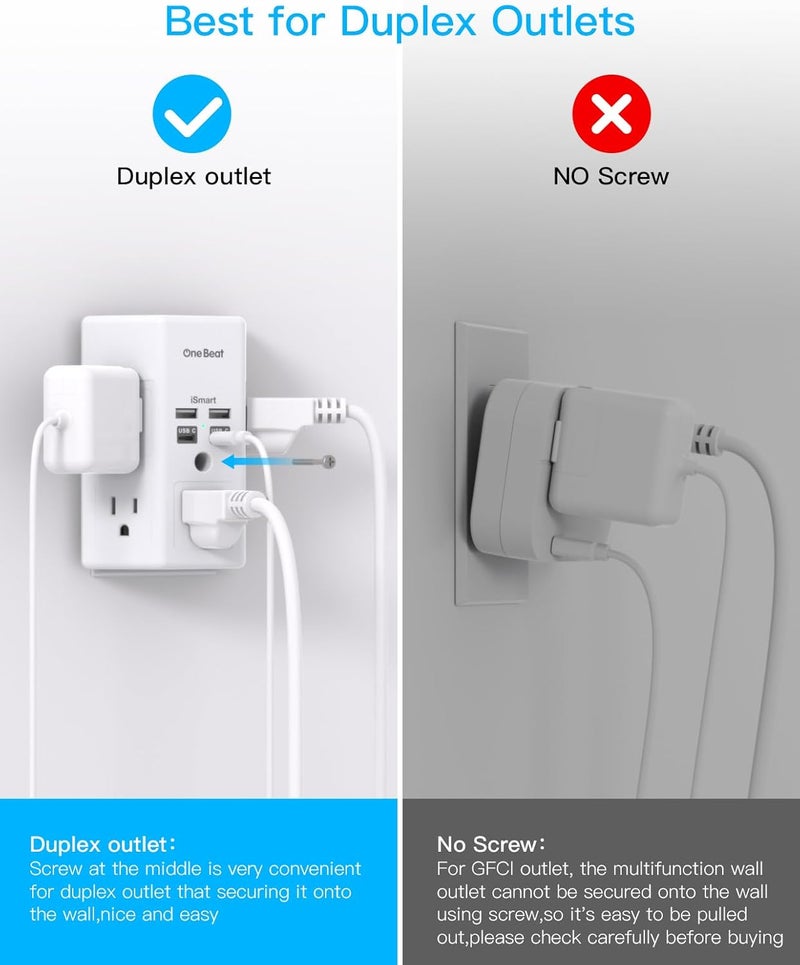 One Beat 1680J 3 Side Power Strip Multi Plug Expander, Surge Protector, 5 Outlets Extender, 4 USB Ports (USB C), Wall Mount Charger, Outlet Splitter Adapter for Home, Travel, Office, ETL Listed, White - Image 3